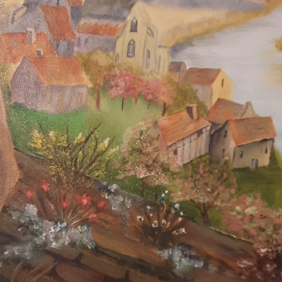 Beautiful folk Art Dutch girl, village ,flowersunframed